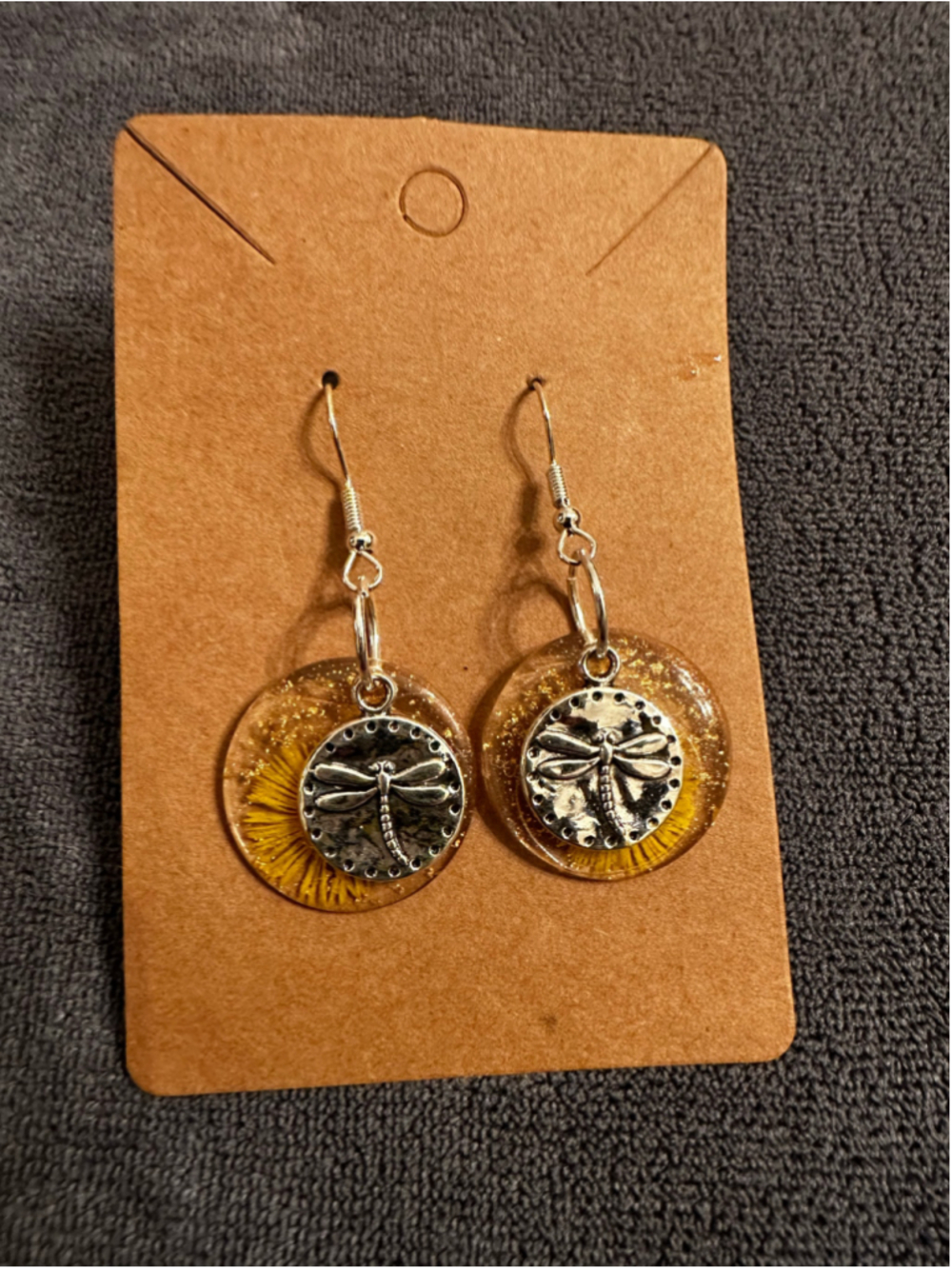 Dragonfly Dandelion Resin Earrings Yellow Silver